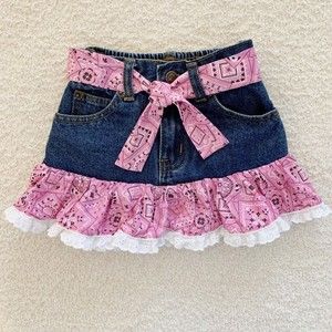 Kiddie Korral Skirt Cowgirl Denim Jean Skirt Size 3 Pink Bandana Lace